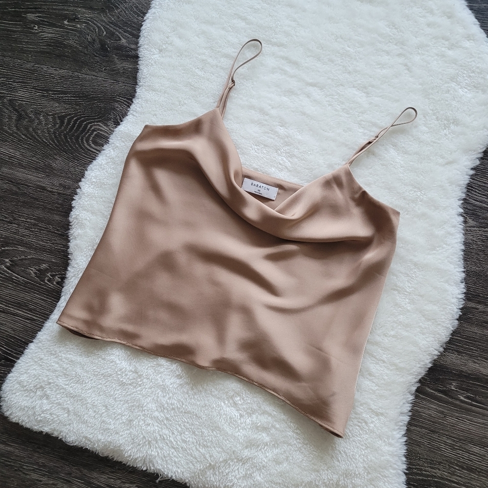 Aritzia Babaton Cowl Neck Camisole in Gold Camel Sz XS - Picture 3 of 10